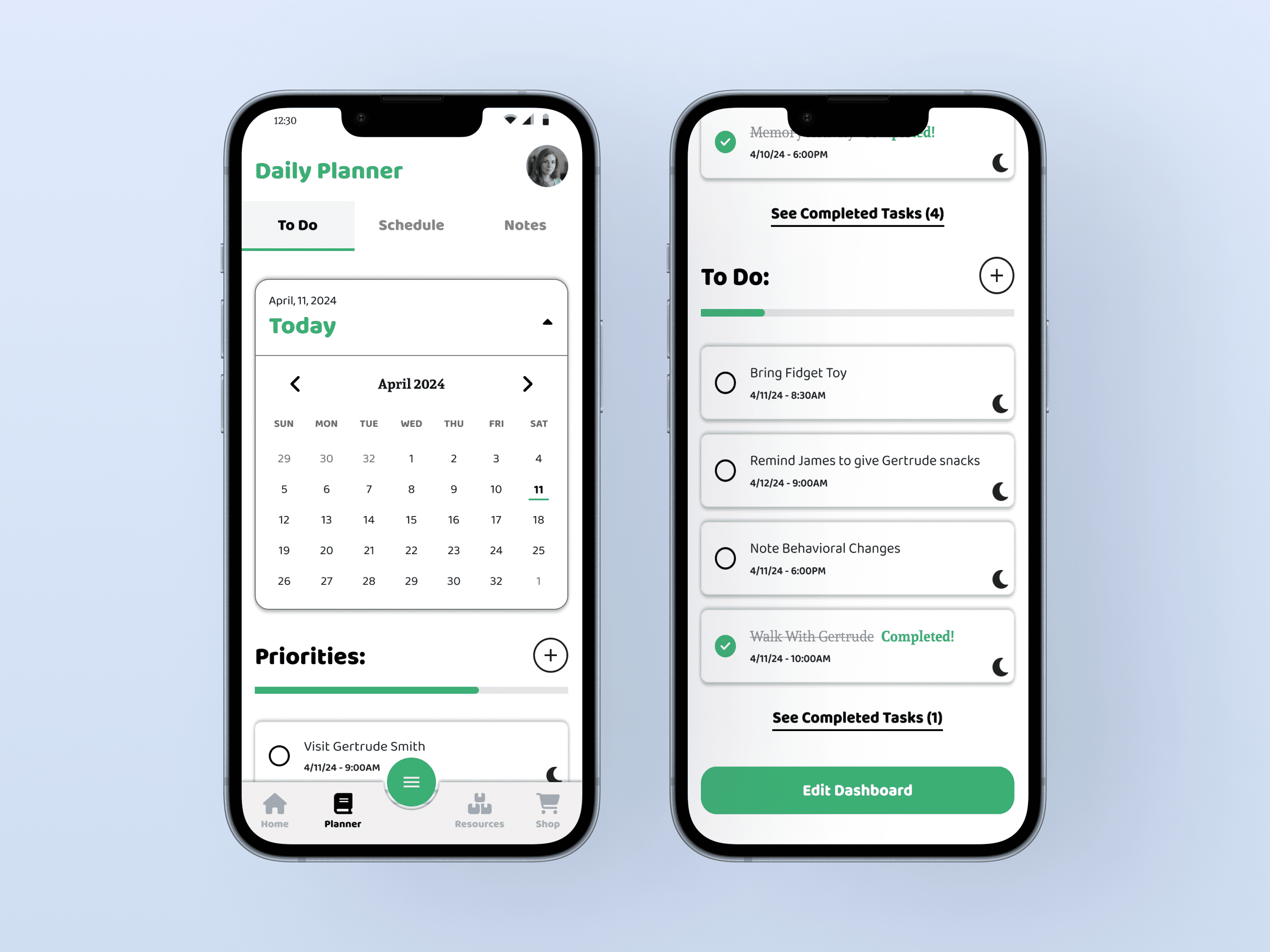 Caretaker UI Daily Planner Screen