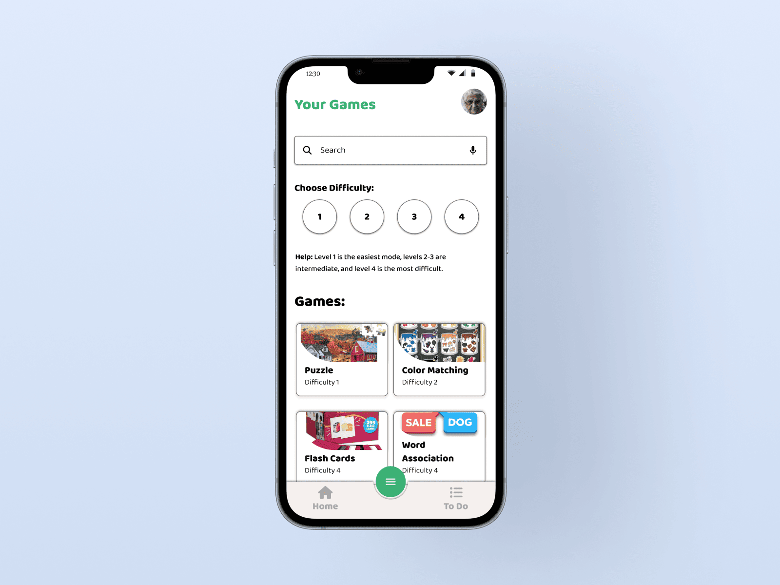 Patient UI Games Screen